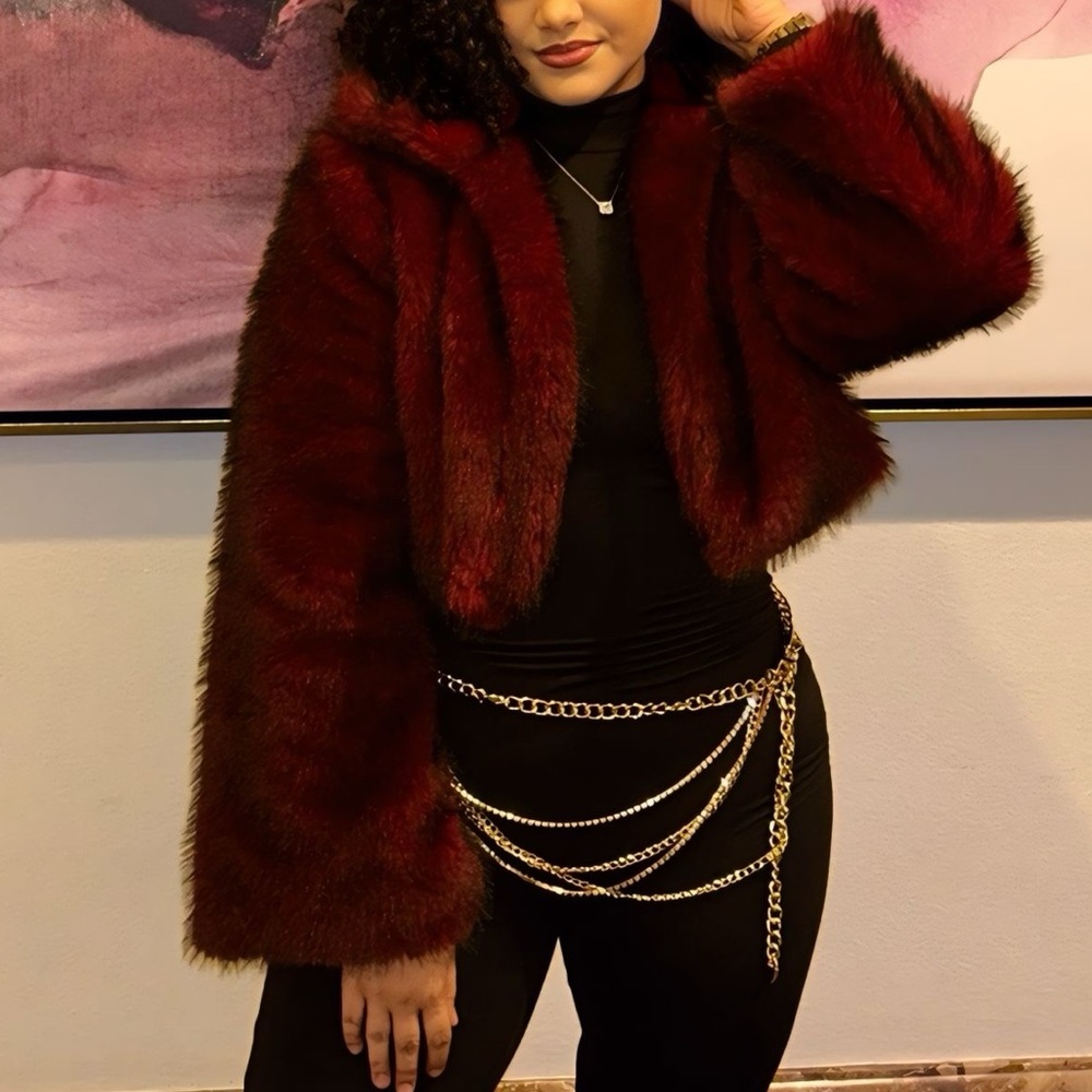 Elegant Burgundy Faux Fur Jacket